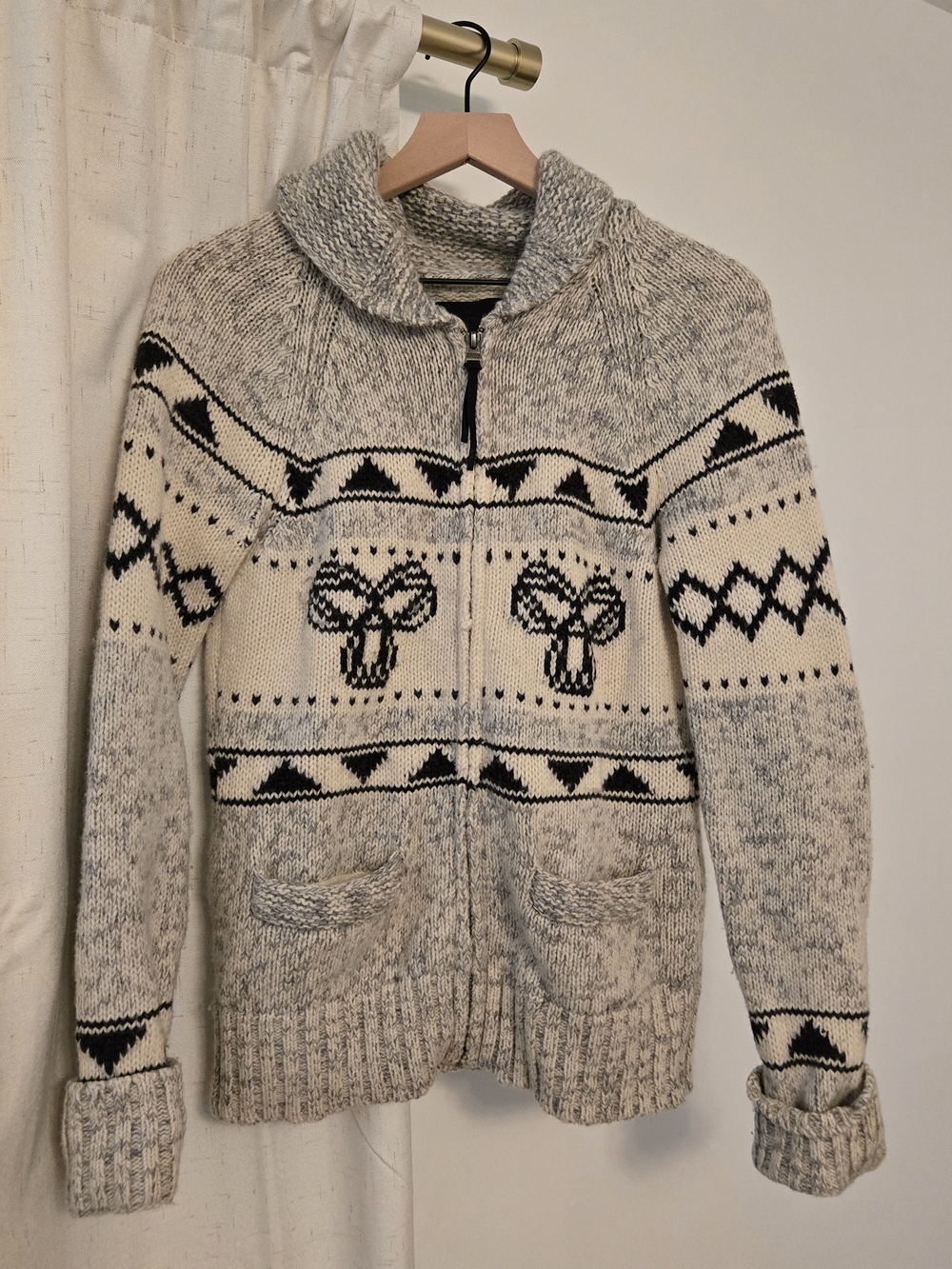 TNA Black and Cream Geometric Zip Knit Bomber Jacket